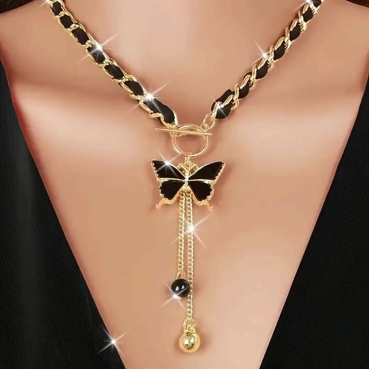 Vintage Leather Woven OT Clasp Necklace, Butterfly & Heart Dual Pendant Tassel Choker