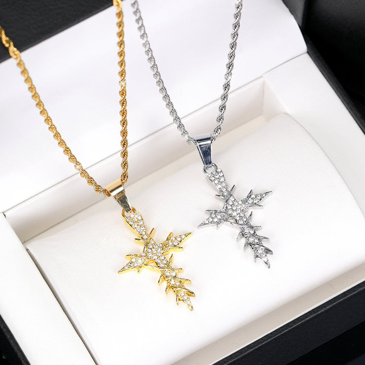 S925 Silver Paved Star Cross Pendant Necklace, 2 Colors Rope Chain Unisex Necklace