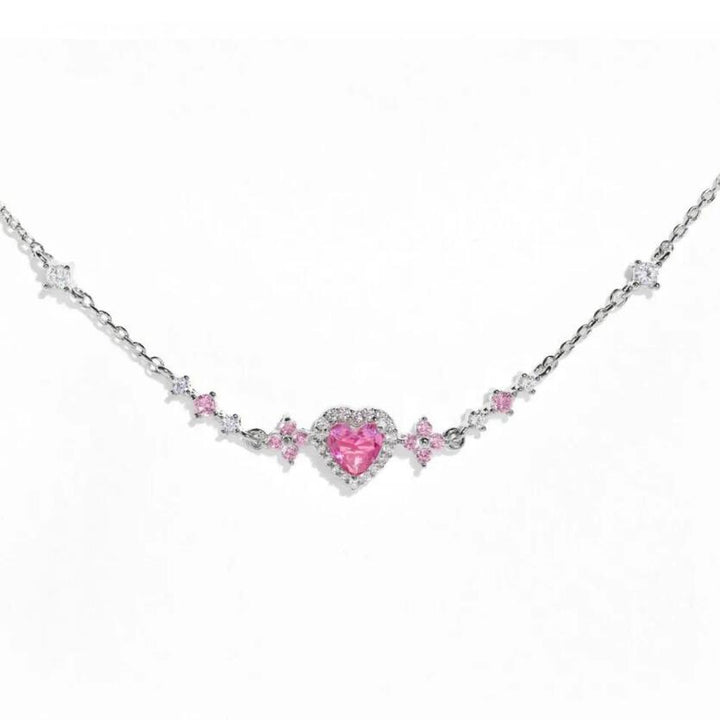 S925 Silver Pink Heart Diamond Choker, Sweet Floral Pink Diamond Necklace for Women, Gold & Silver Two Tones