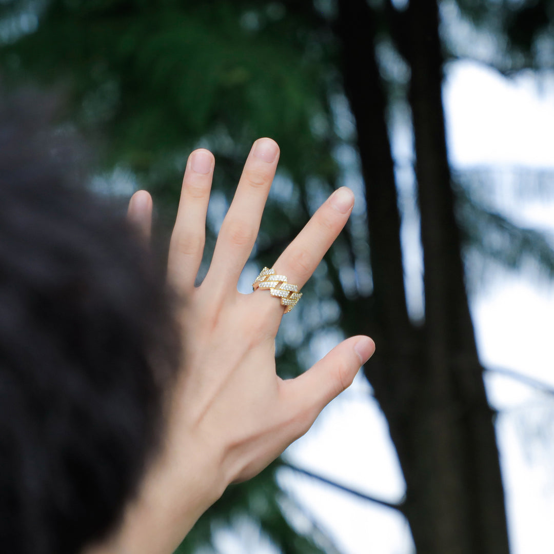 Full Pave Cuban Link Wide Band Ring, Solid S925 Silver Gold & Silver Two-Tone Hip Hop Heavy Chain Statement Ring