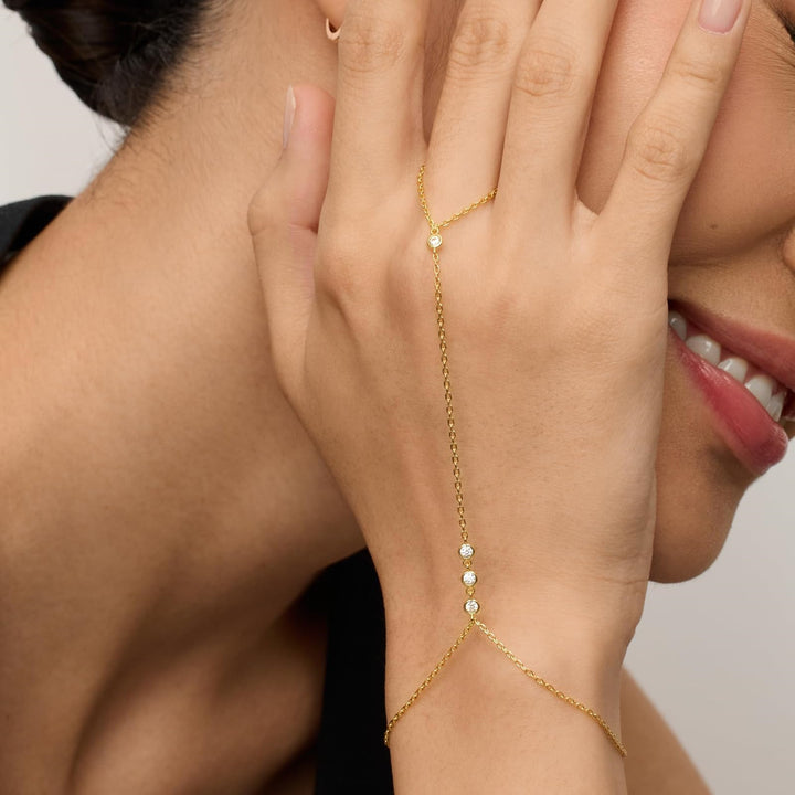 INS Style 18K Gold Plated Titanium Steel Bracelet with Rhinestone Discs & Finger Chain