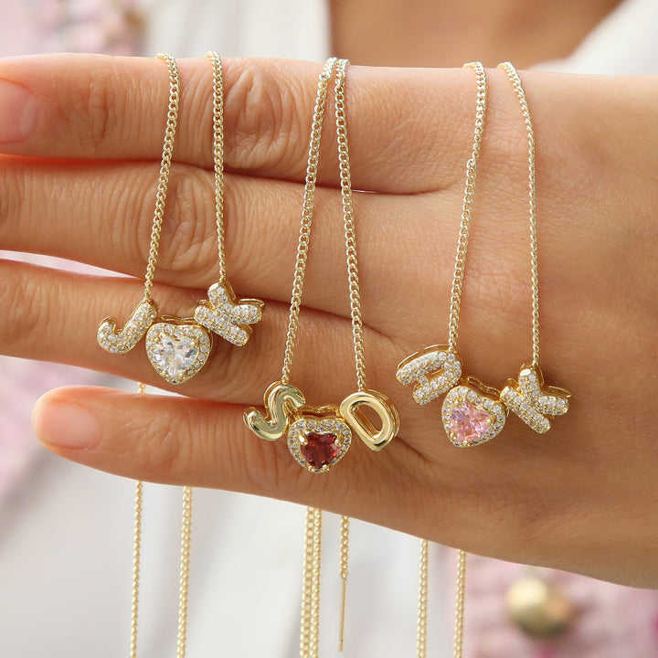 Heart-Shaped 12-Month Birthstone & Letter Pendant - Custom Name Love Necklace