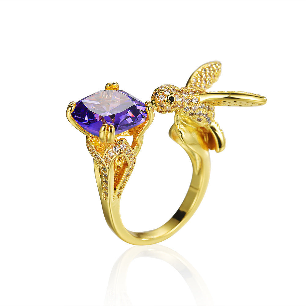 Multi-Color Diamond Hummingbird Open Ring (Gorgeous & Agile Style Series)
