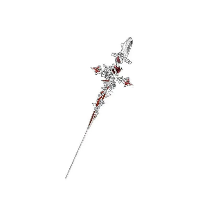 Gothic Fallen Angel Cross Earrings & Necklace Set with Red Heart and Rose – Silver Design