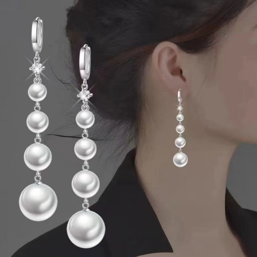 Graduated Pearl Long Drop Earrings (Elegant Slimming Statement Earrings)