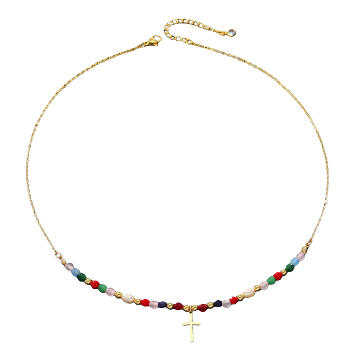 Beaded Gold-Plated Cross Pendant Necklace