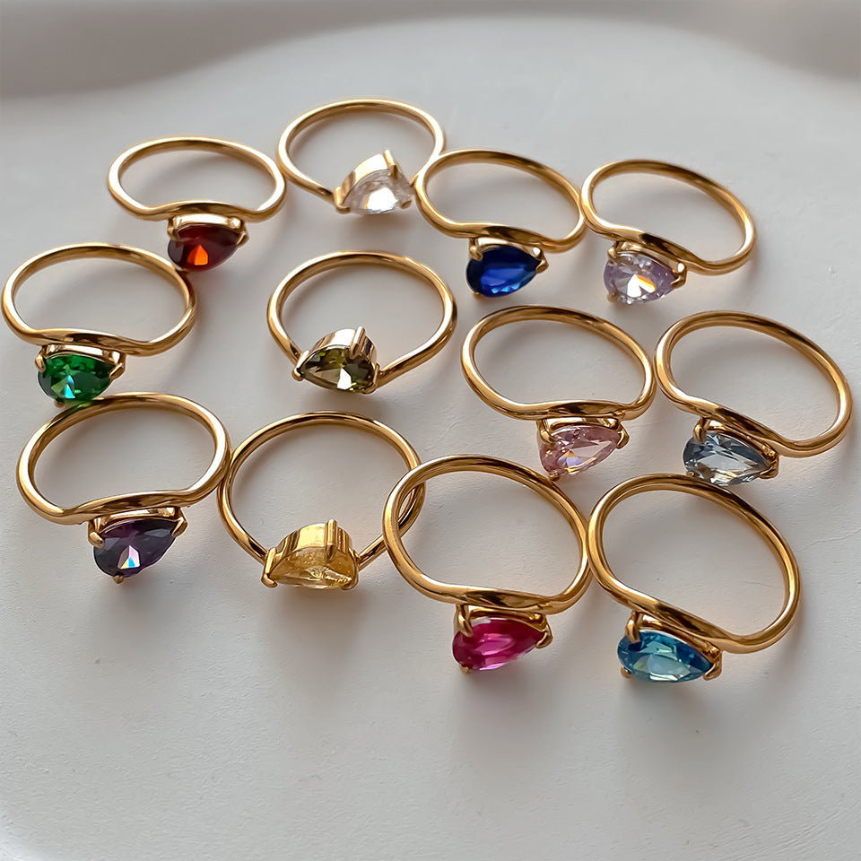 12 Birthstone Teardrop Ring (Gold-Tone Delicate Personalized Women's Band)