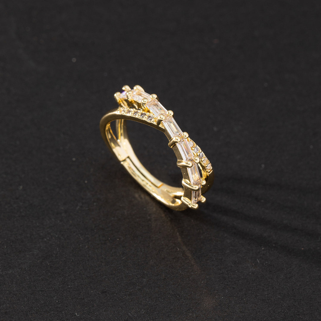 Twisted Baguette Diamond Double Layer Open Ring, Two Styles Clear & Rainbow Stones Adjustable Ring