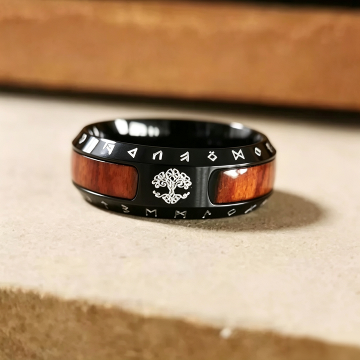Norse Viking Tree of Life Rune Wood Inlay Ring, S925 Silver Antiqued Multi-Color Unisex Couple Band