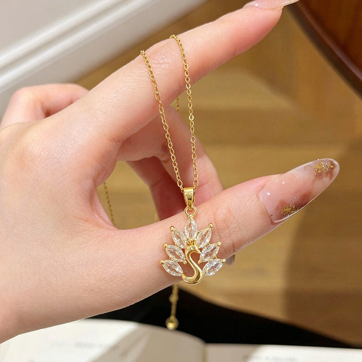 Light Luxury Diamond Peacock Swan Pendant Clavicle Necklace, Dainty Thin Chain for Women (Gold & Silver Two Tones)