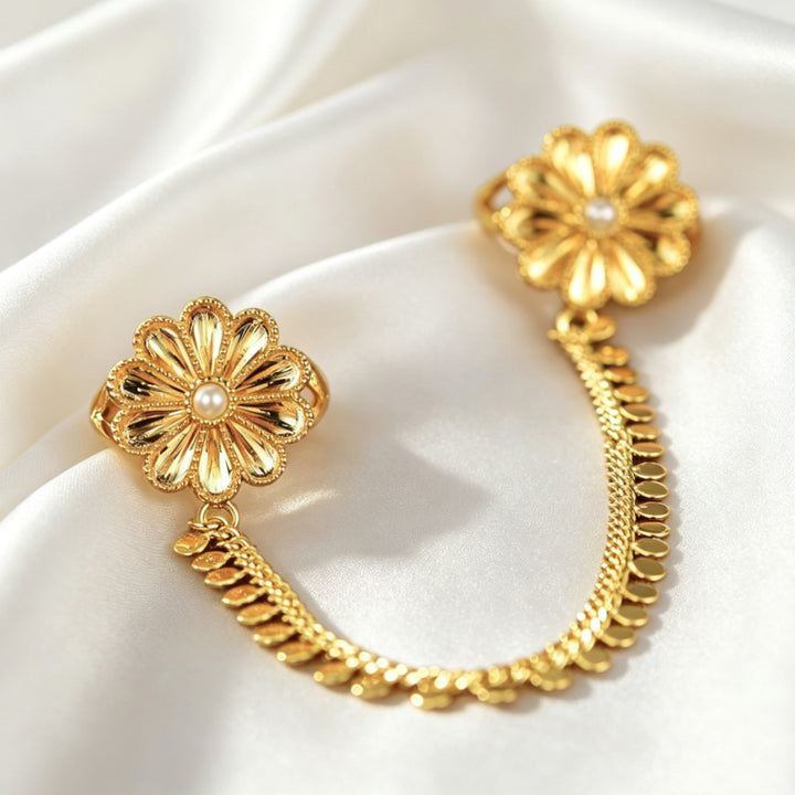 Vintage Embossed Floral Linked Double Ring Chain, Solid S925 Silver Gold-Plated 3 Gemstone Dangling Two-Finger Band