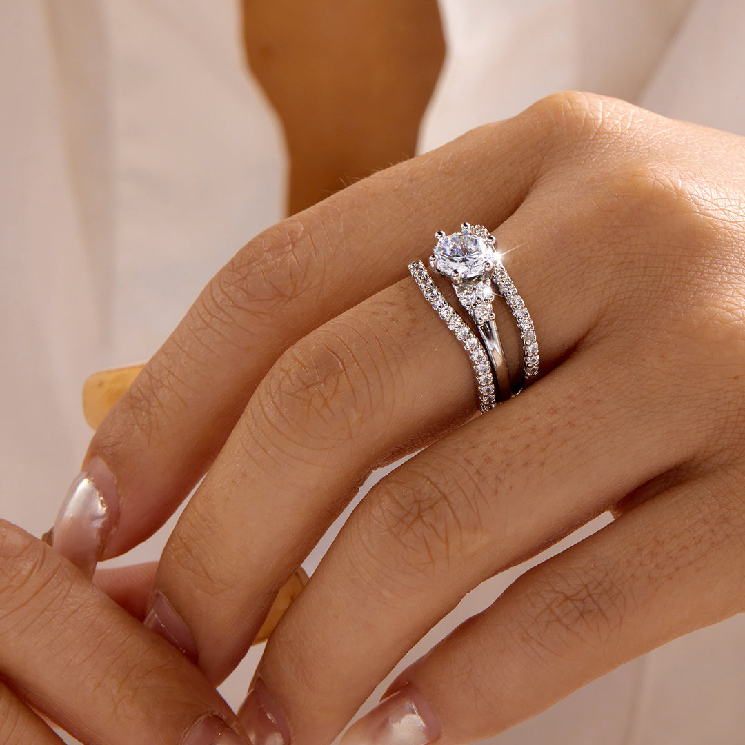 3-Row Round Diamond Halo Ring Set (Luxury Romantic Engagement Wedding Band Set)