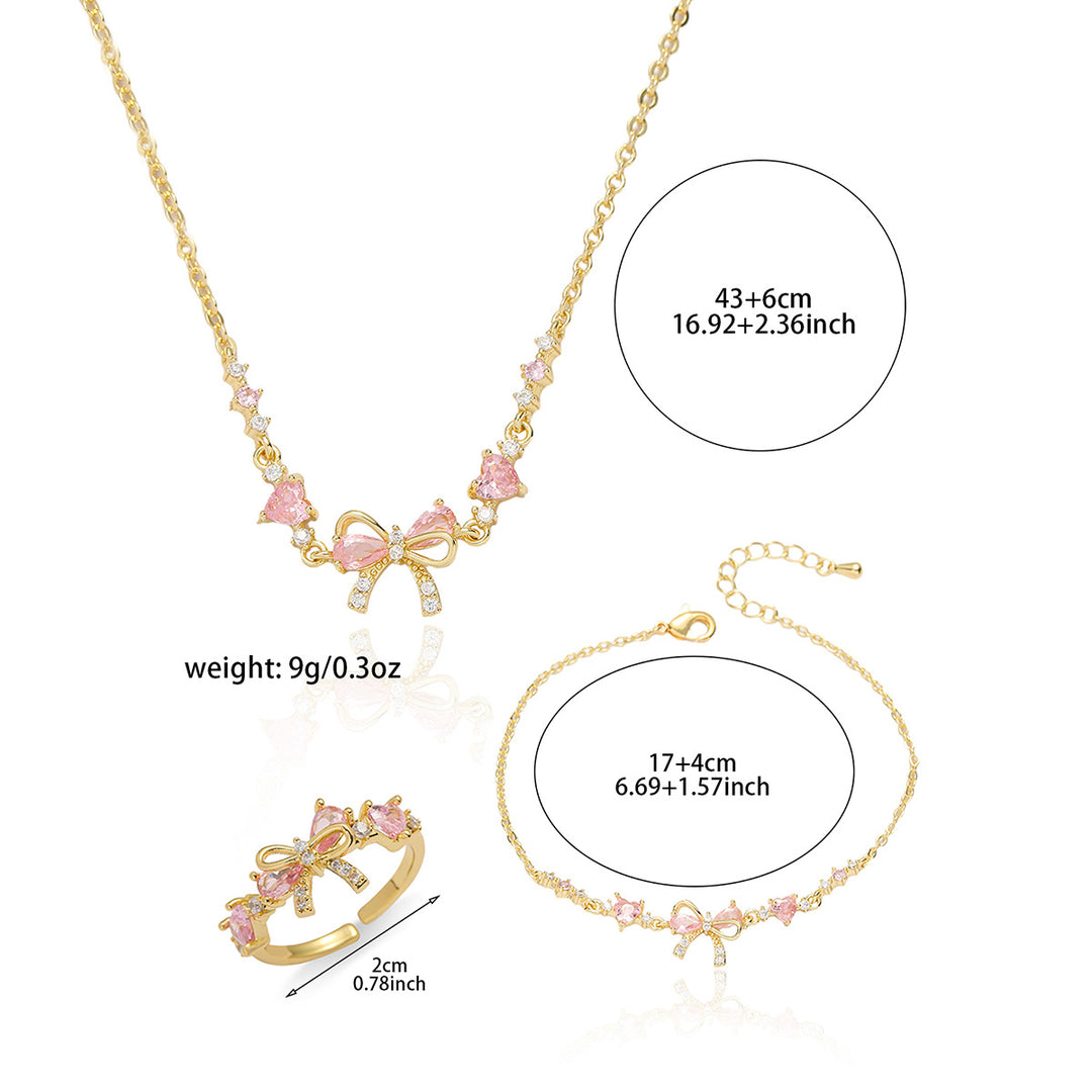 Pink Diamond Bow Jewelry Set (Necklace, Bracelet, Ring Sweet Girl Accessories)