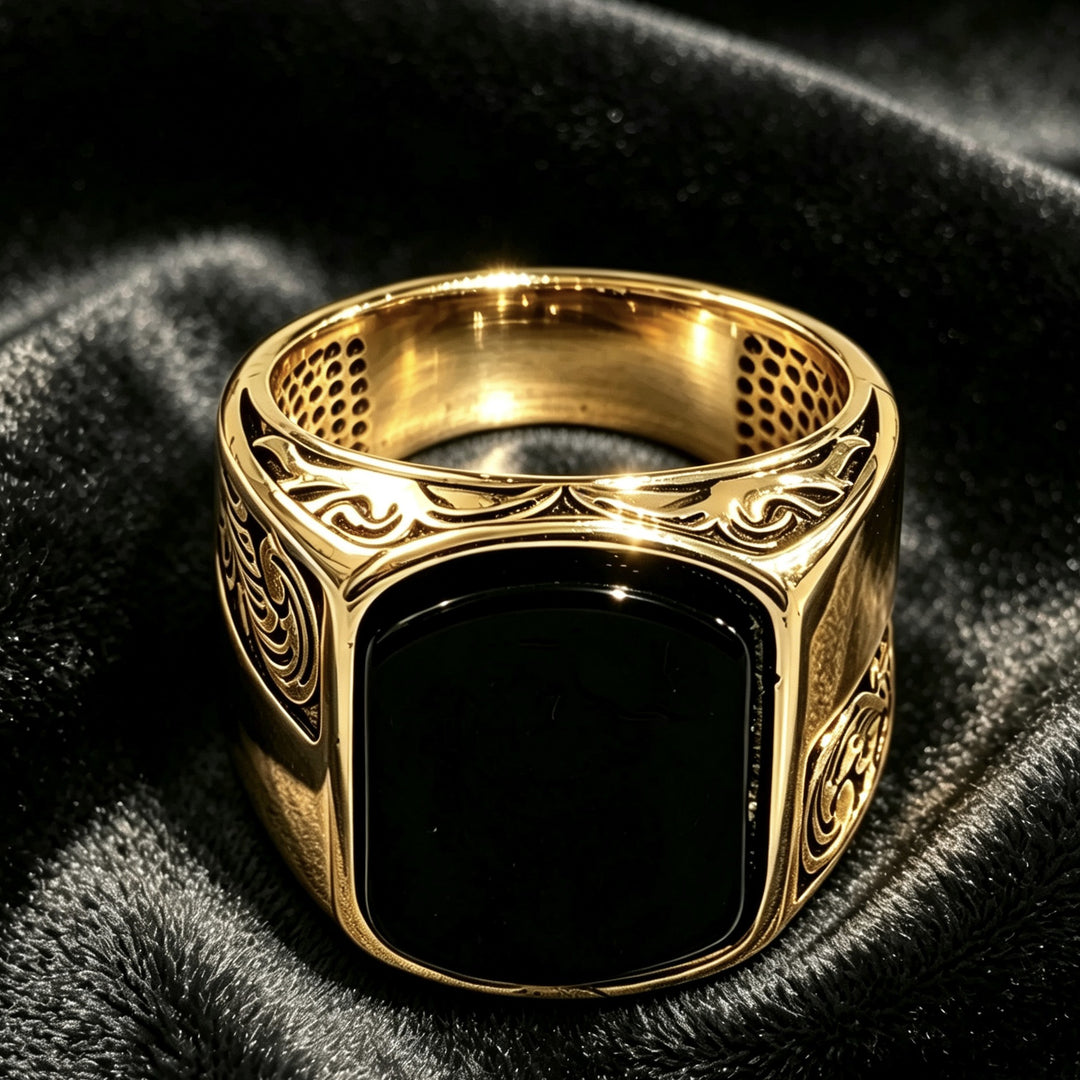 Vintage Cloud Pattern Onyx Signet Men Ring