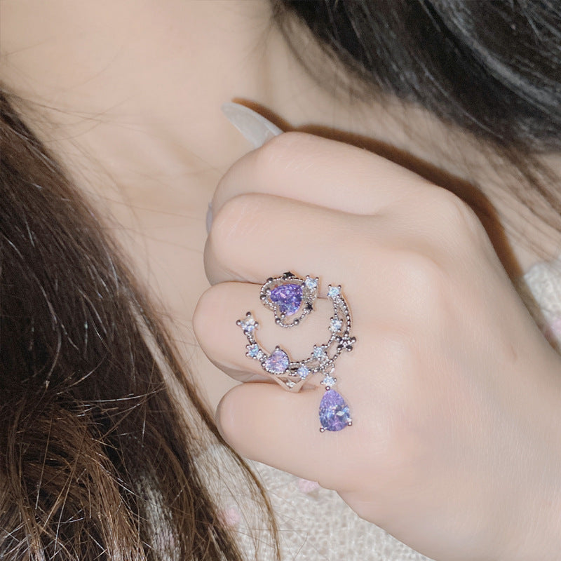 Moon‑Star Heart Teardrop Dangling Open Ring, Multi‑Color Options