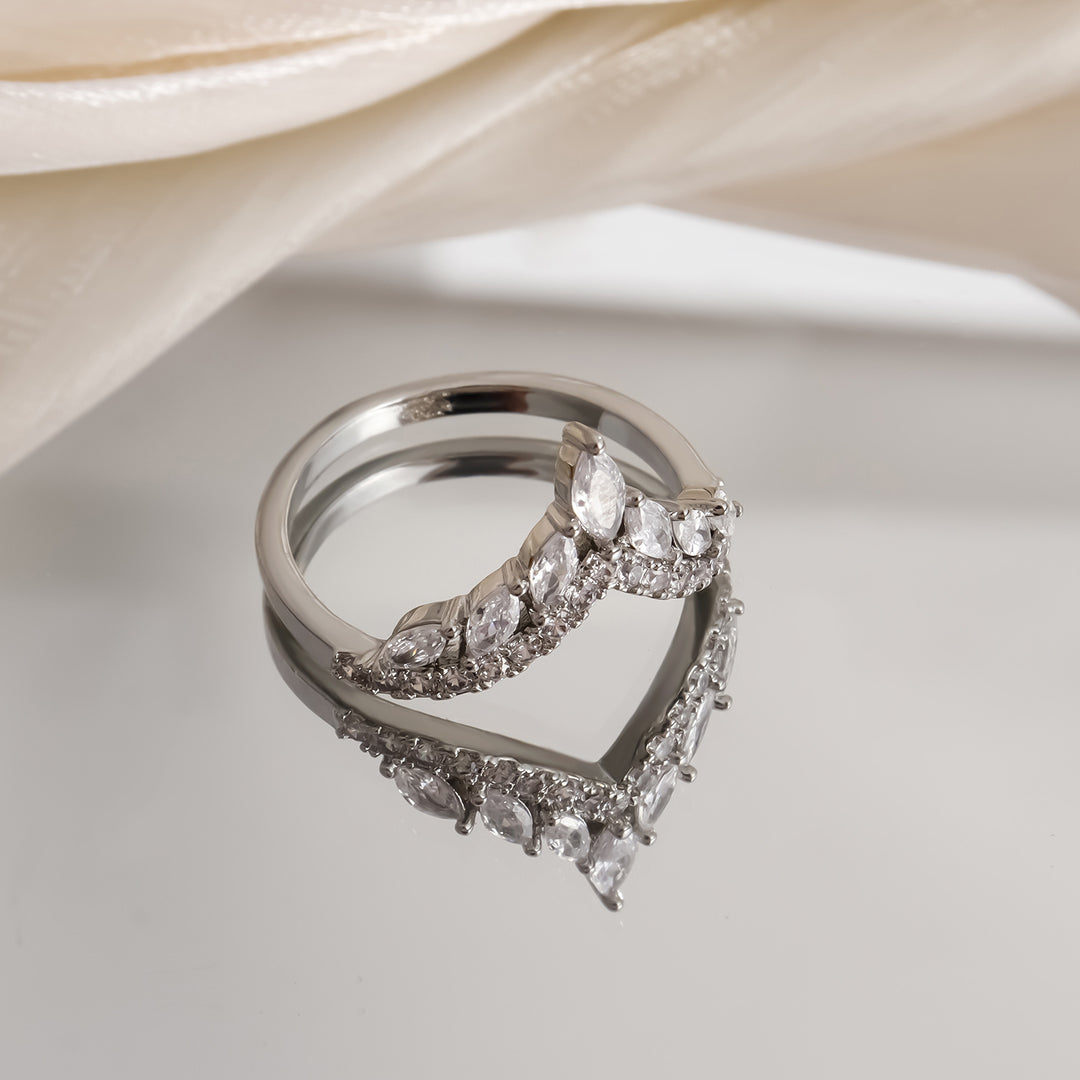 V-Shape Marquise Diamond Hollow Ring, Gold & Silver Tone Luxury Ladder Crystal Slimming Band