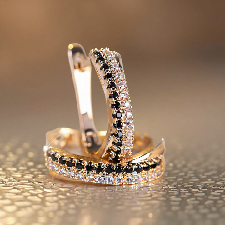 Black‑White Contrast Double‑Row Diamond Huggie Earrings, 3‑Color Options