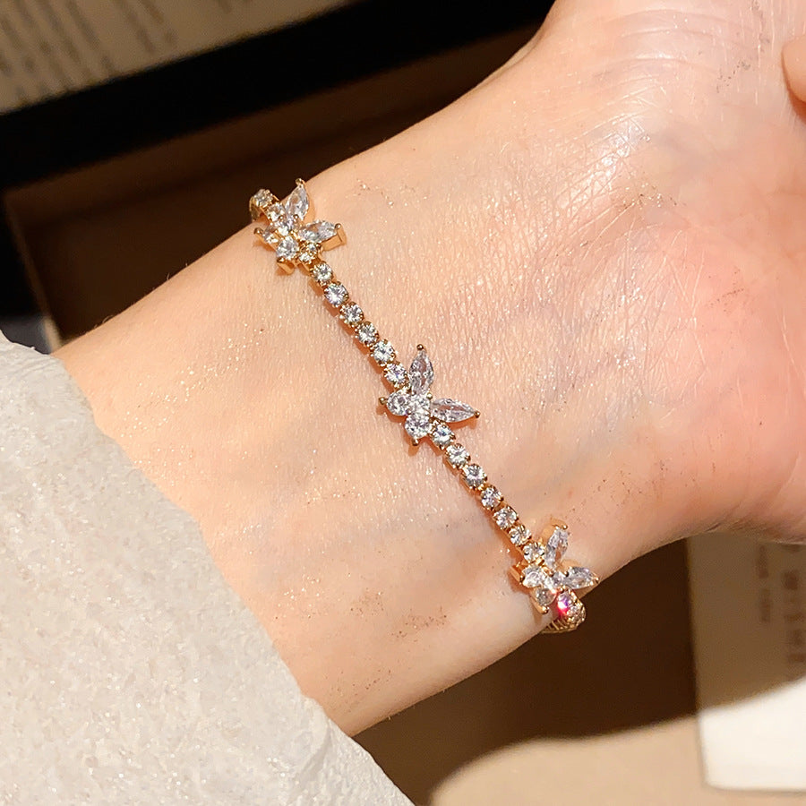 Three‑Butterfly Pave Diamond Tennis Bracelet, Marquise Cut Diamond Butterfly Dainty Women Bracelet, Gold & Silver Tone, Clear & Purple Diamond Available