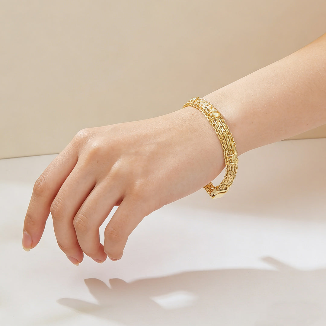 Multi-Layer Thick Chain Elephant Embossed Gold Plated Wide Bracelet, Vintage Chunky Metal Women’s Jewelry