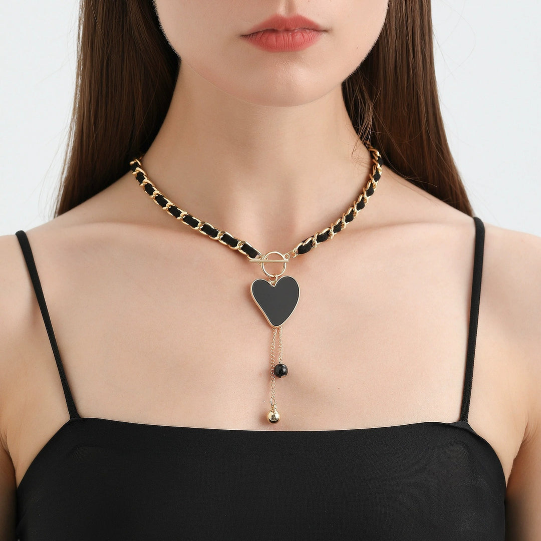 Vintage Leather Woven OT Clasp Necklace, Butterfly & Heart Dual Pendant Tassel Choker