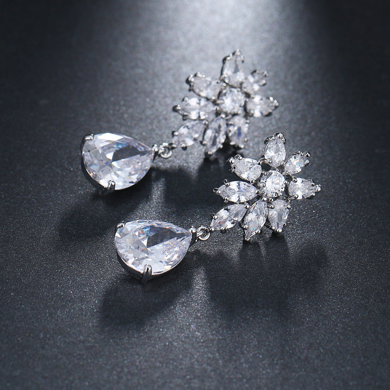 Snowflake Diamond Cluster Teardrop Drop S925 Silver Earrings, Multi-color Gem Long Evening Earrings