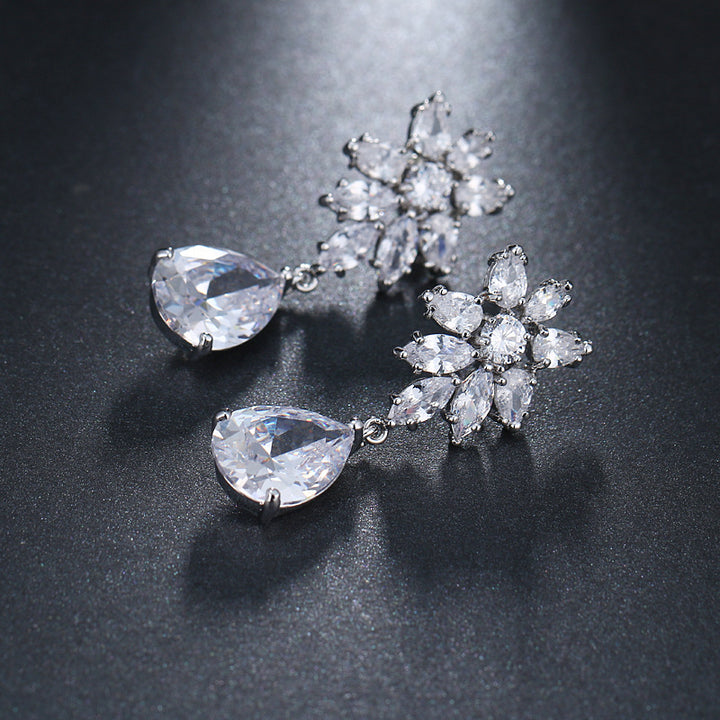Snowflake Diamond Cluster Teardrop Drop S925 Silver Earrings, Multi-color Gem Long Evening Earrings