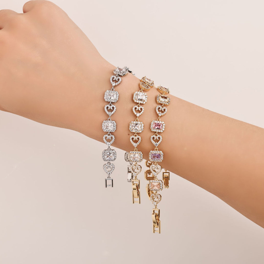 Heart & Rectangle Alternating Luxury Bracelet, 3 Styles Silver/Gold/Multi-Color Gem Women Jewelry