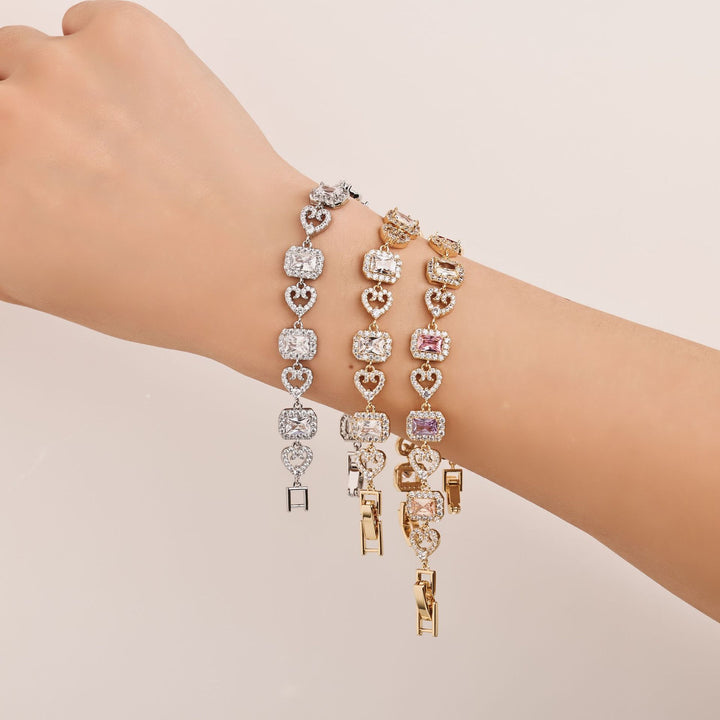 Heart & Rectangle Alternating Luxury Bracelet, 3 Styles Silver/Gold/Multi-Color Gem Women Jewelry