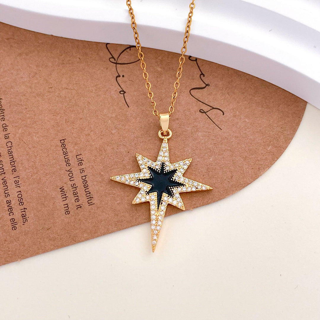 Black Gold Enamel Octagram Pave Diamond Collarbone Necklace, 2 Styles Sweet Cool Heart Star Y2K Niche Minimal Jewelry