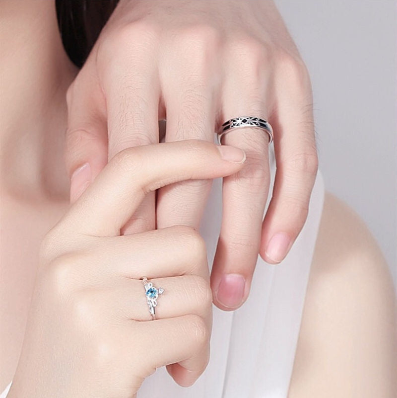 Knight & Princess Couple Ring Set (S925 Silver Blue Gem Vintage Wedding Band)