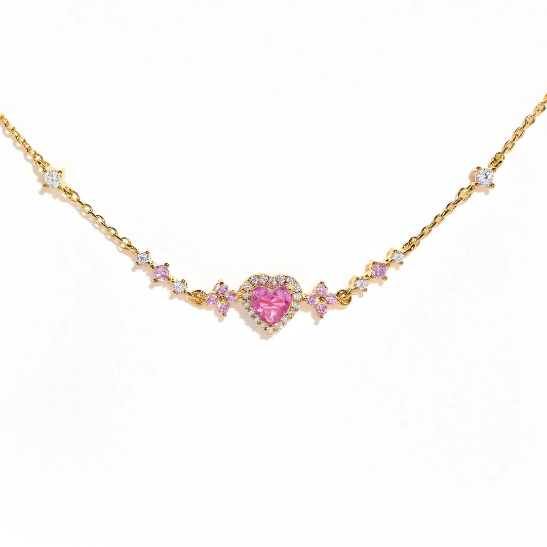 S925 Silver Pink Heart Diamond Choker, Sweet Floral Pink Diamond Necklace for Women, Gold & Silver Two Tones