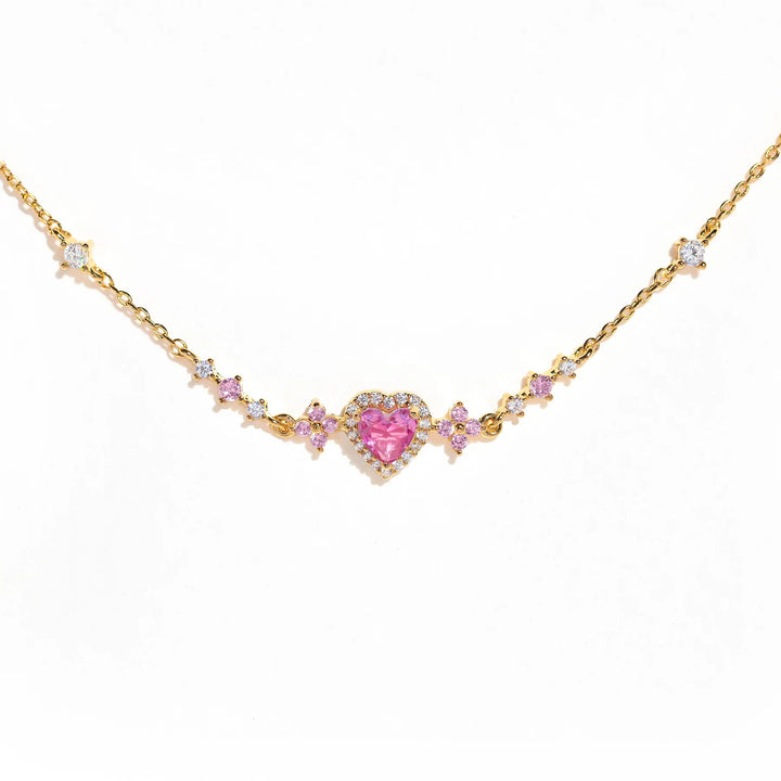 S925 Silver Pink Heart Diamond Choker, Sweet Floral Pink Diamond Necklace for Women, Gold & Silver Two Tones