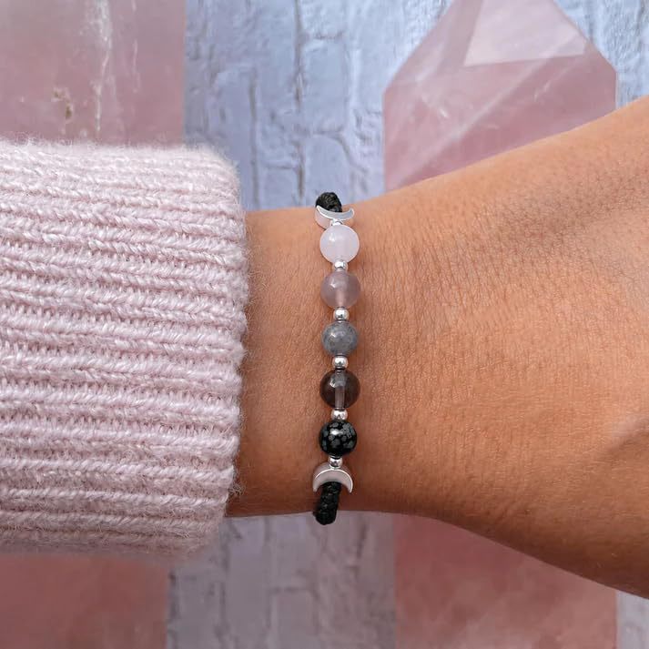 Moon Phase Natural Crystal Adjustable Braided Bracelet, Solid S925 Silver Crescent Healing Energy Stone Wristband, 2 Cord Color Options