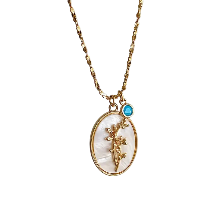 Mother-of-Pearl Carnation Birthstone Necklace (Gentle Gold Tone Pendant)