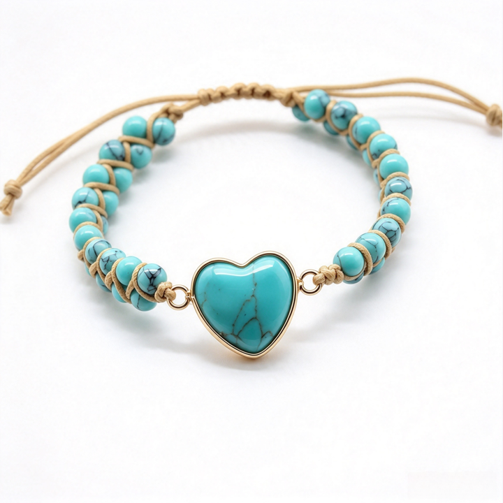 Heart Natural Stone Woven Adjustable Bracelet, Multi‑Color Boho Beaded Bracelet