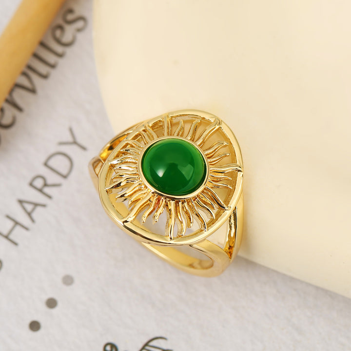 Openwork Sunburst Green Chalcedony Bezel Ring, Solid S925 Silver Gold-Plated Vintage Sun God Unique Band