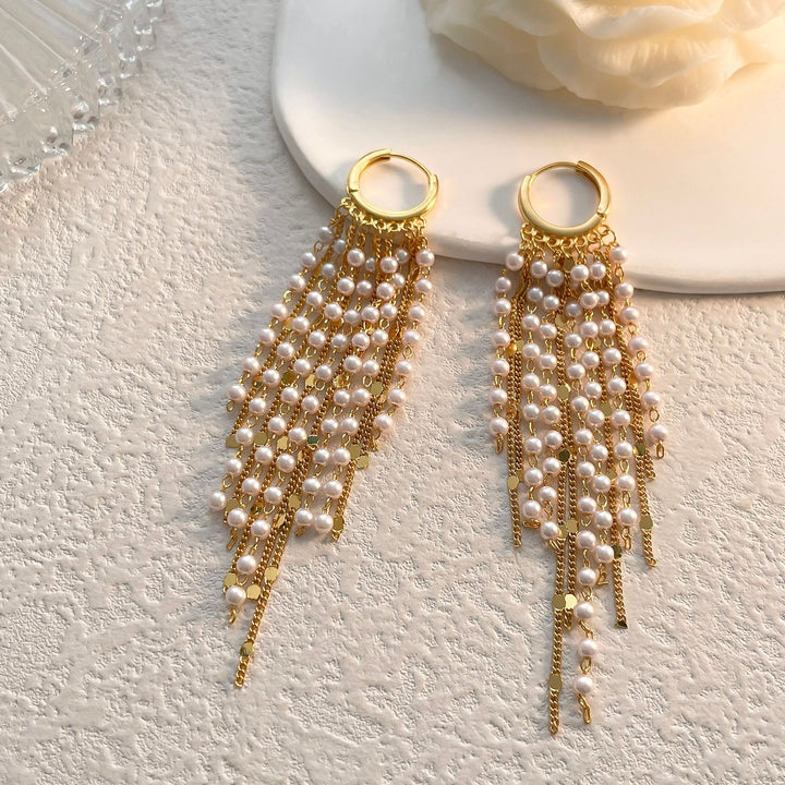 S925 Silver Long Pearl Tassel Hoop Earrings, Luxury Multi-layer Chain Pearl Drop Earrings, Gold & Silver Tone Face Slimming Earrings for Party