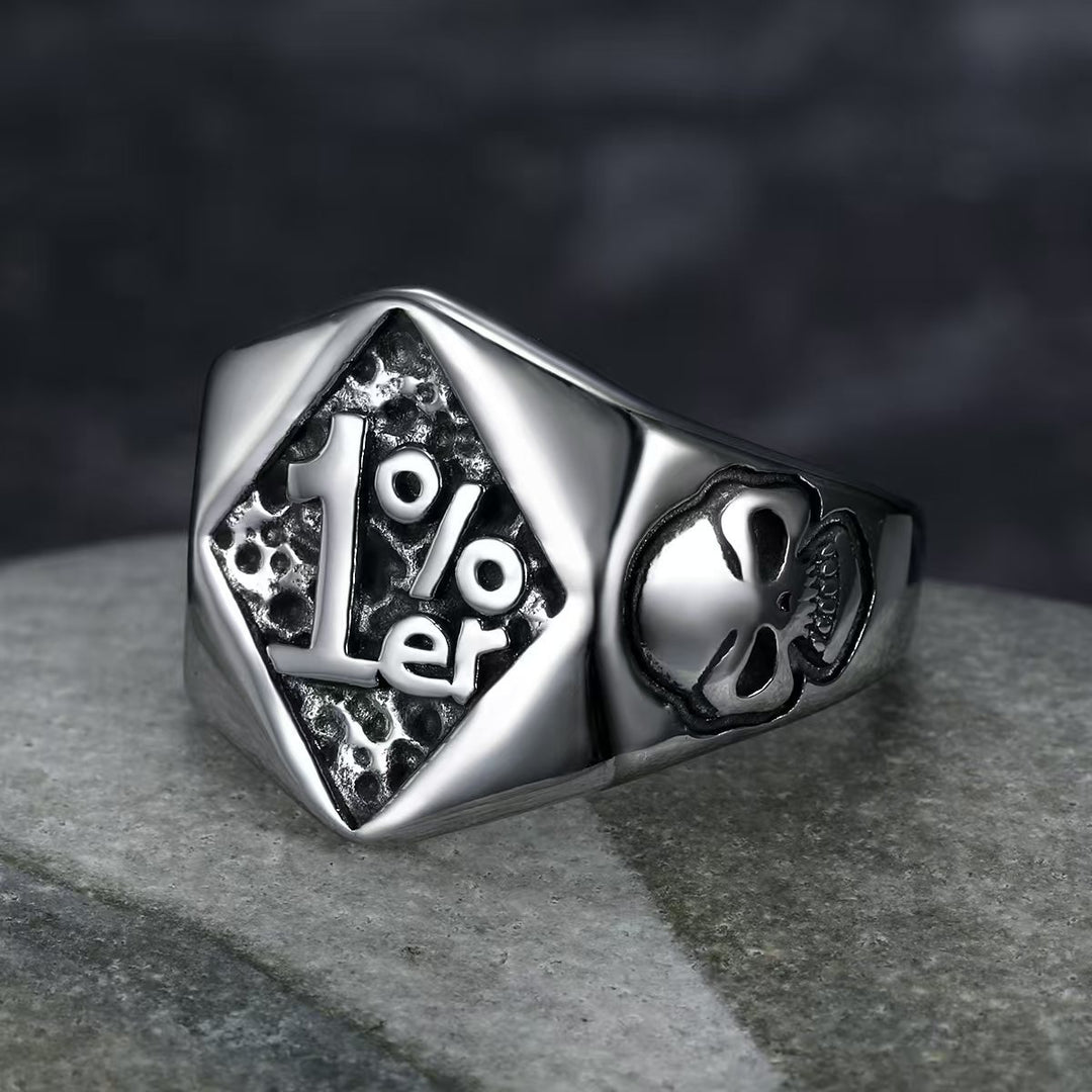 1%er Skull Vintage Biker Signet Ring, S925 Silver 14K Gold Plated Two-Tone Tough Men Wide Band