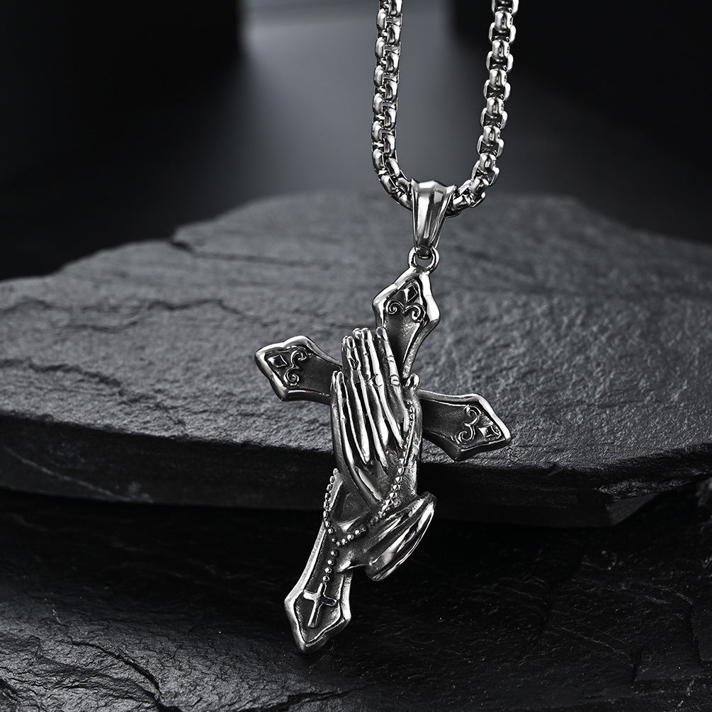 Titanium Steel Praying Hands Cross Necklace (Faith Retro Hardcore Style)