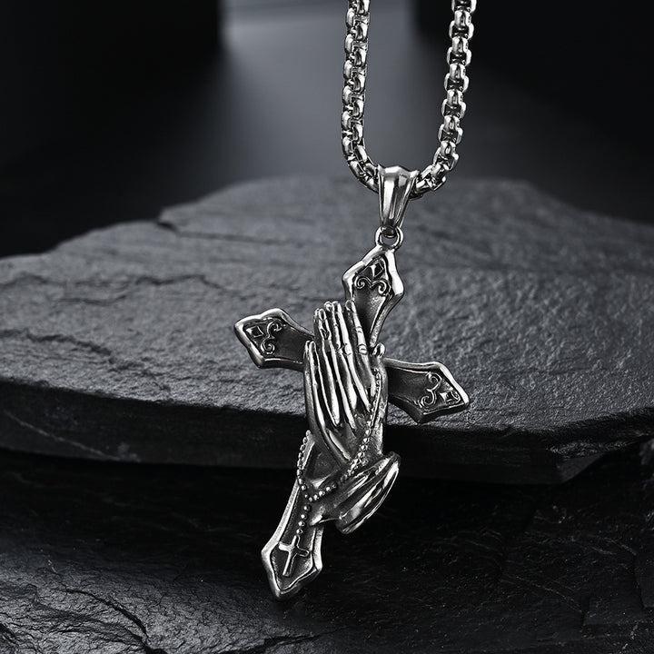 Titanium Steel Praying Hands Cross Necklace (Faith Retro Hardcore Style)