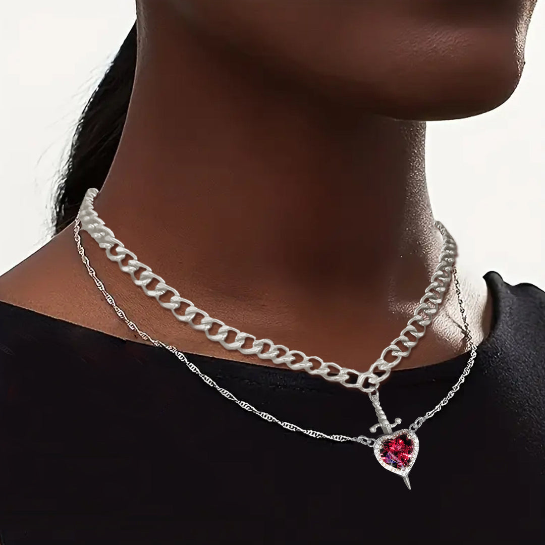 Sword & Heart Layered Necklace (Personalized Sweet-Cool Luxury Style)