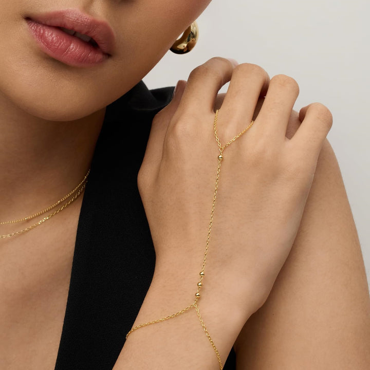 INS Style 18K Gold Plated Titanium Steel Bracelet with Rhinestone Discs & Finger Chain