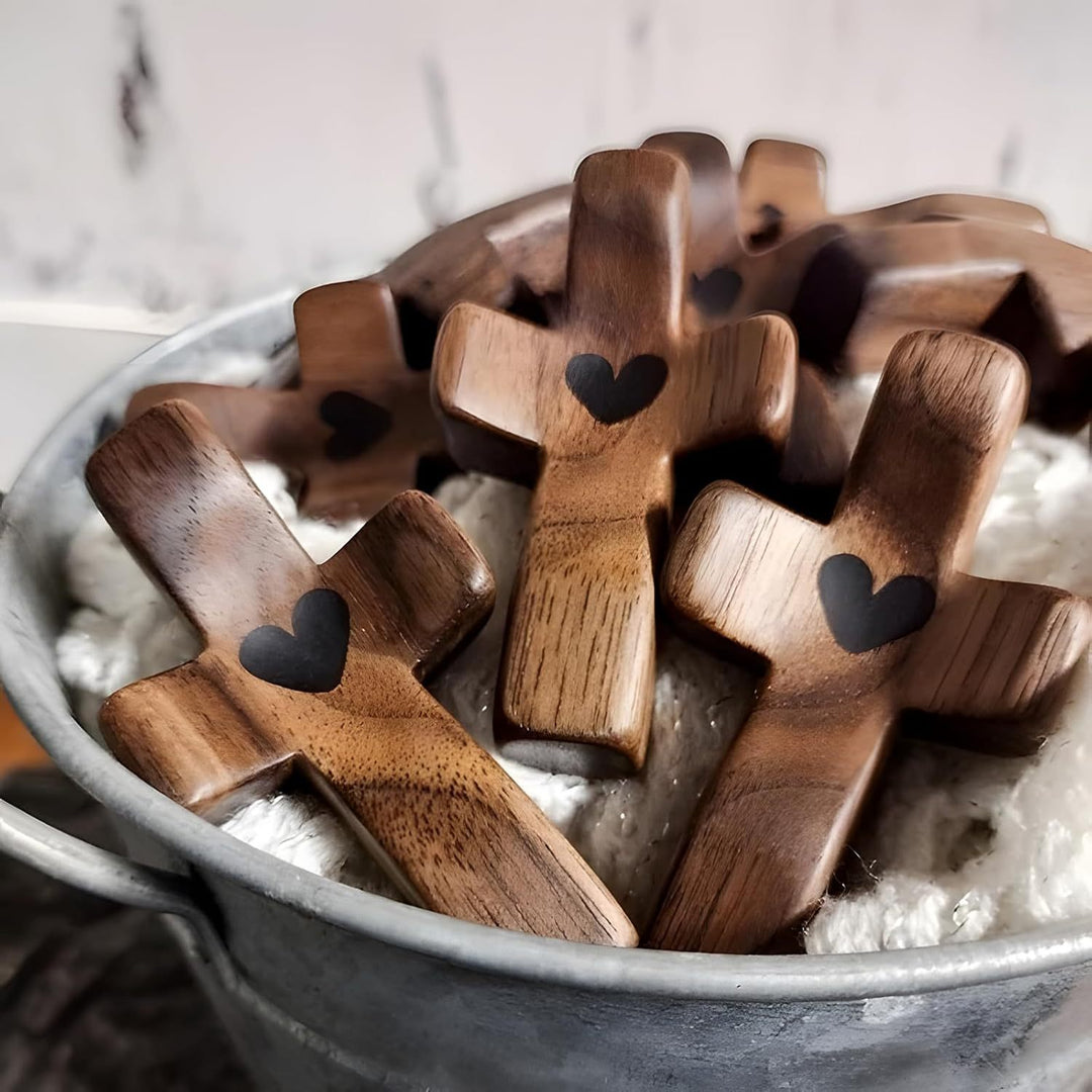 Minimalist Walnut Palm Cross Set – Handheld Cross & Necklace