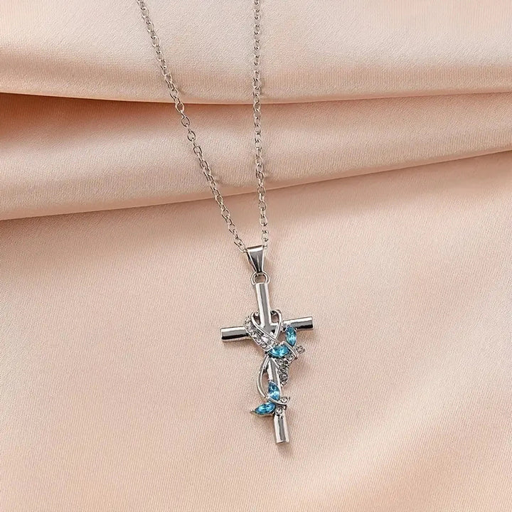 Heart Wrapped Butterfly Cross Necklace, Multiple Colors Available