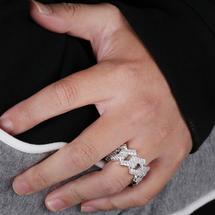 Full Pave Cuban Link Wide Band Ring, Solid S925 Silver Gold & Silver Two-Tone Hip Hop Heavy Chain Statement Ring