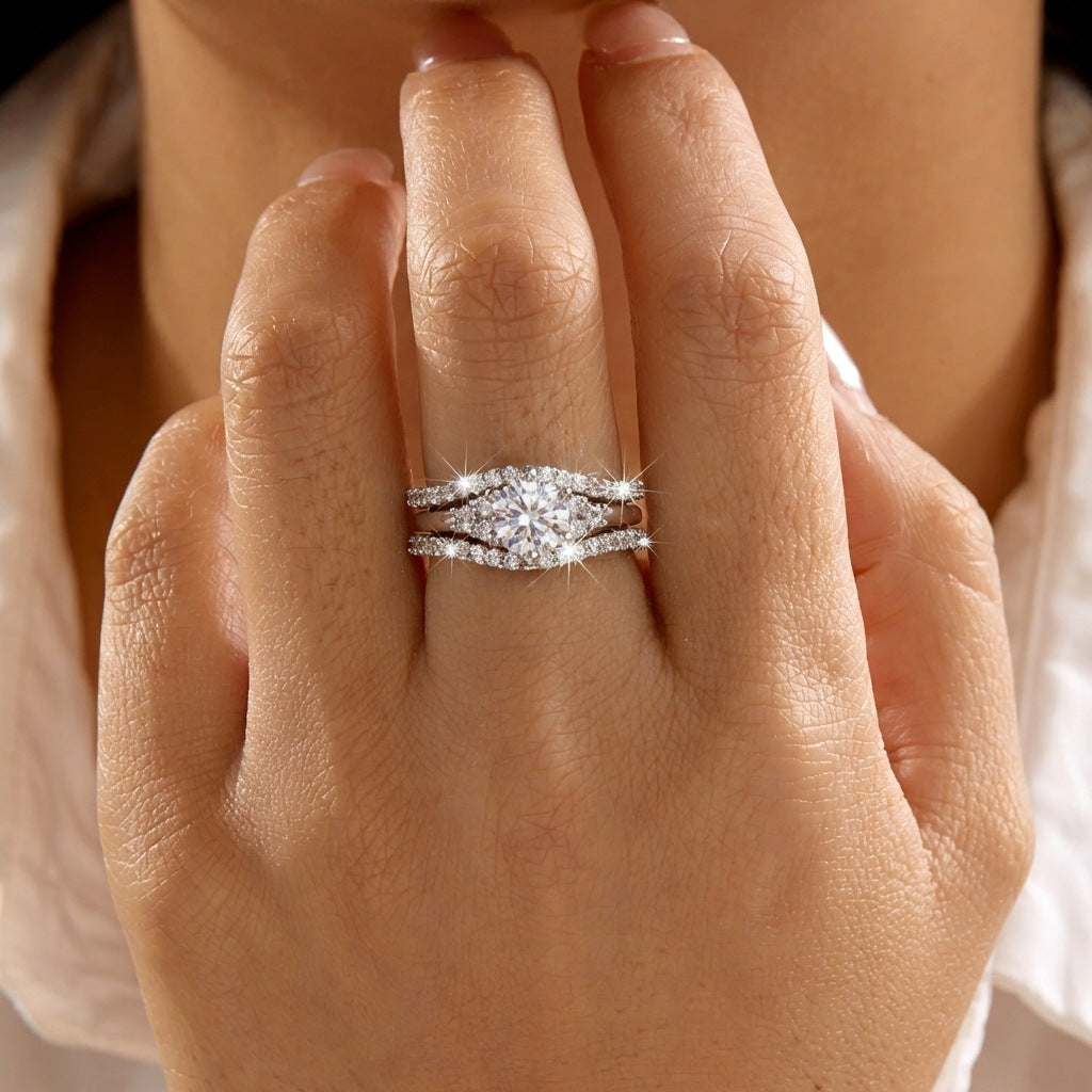 3-Row Round Diamond Halo Ring Set (Luxury Romantic Engagement Wedding Band Set)