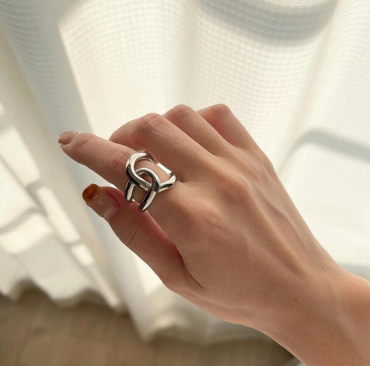 Double Twisted Interlocked Plain Band Ring, Gold & Silver Minimalist Thick Polished Ring