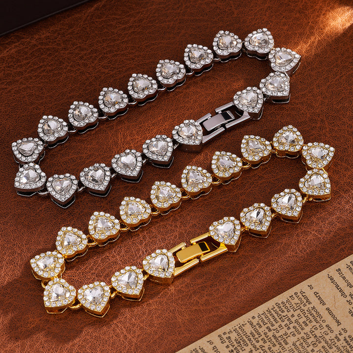 Full Paved Heart Chain Bracelet & Necklace Set, Sweet Style Dual-tone Heart Halo Diamond Matching Jewelry for Women & Couples