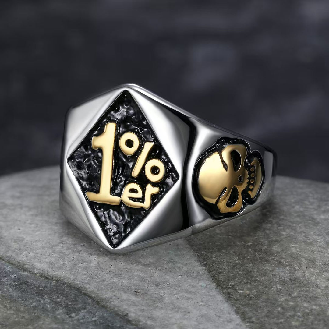 1%er Skull Vintage Biker Signet Ring, S925 Silver 14K Gold Plated Two-Tone Tough Men Wide Band