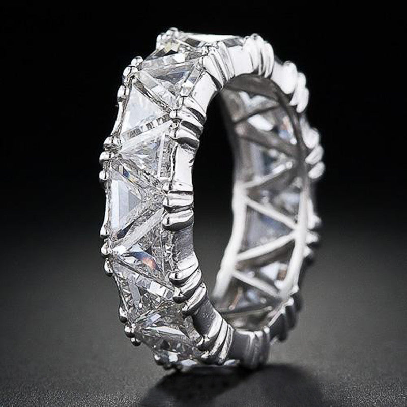 Triangle Cut Full Eternity Band Ring, Solid S925 Silver 4 Color Options Heavy Full Pave Crystal Stackable Band
